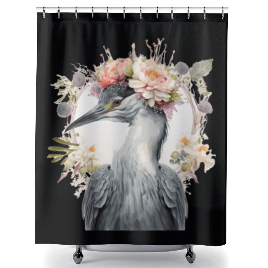 Watercolor Heron Freshwater Bird Flower Crown Flor Shower Curtains