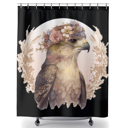 Watercolor Hawk Bird Of Prey Flower Crown Floral B Shower Curtains