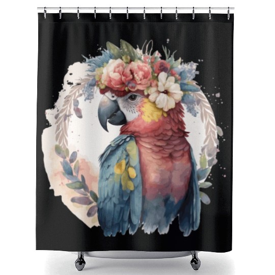 Watercolor Parrot Macaw Bird Flower Crown Pet Bird Shower Curtains