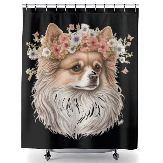 Cute Pomeranian Pom Flower Crown Pet Dog Breed Flo Shower Curtains