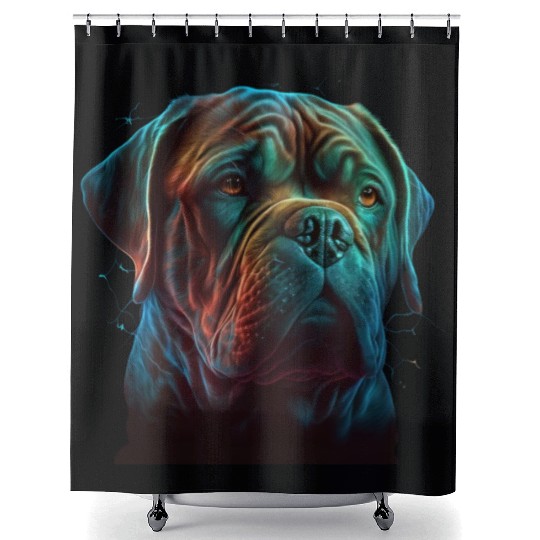 AI-Generated Dogue de Bordeaux Neon Art Shower Curtains