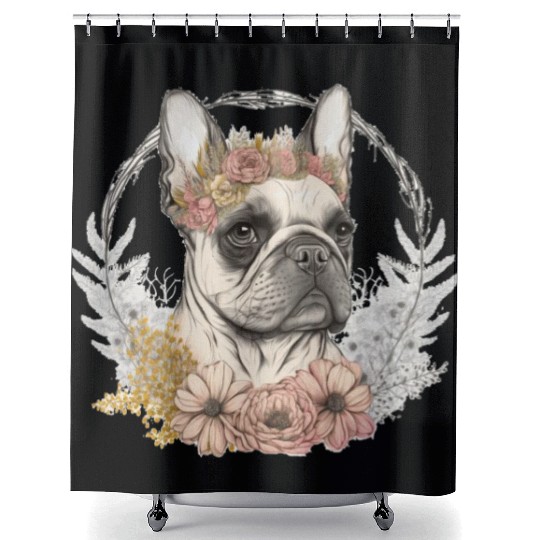 Cute French Bulldog Frenchie Flower Crown Pet Dog Shower Curtains
