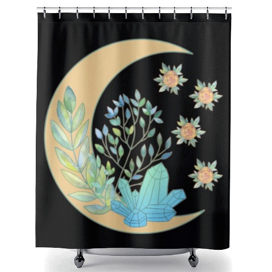 Floral Crescent Moon Healing Crystal Garden Witch Shower Curtains