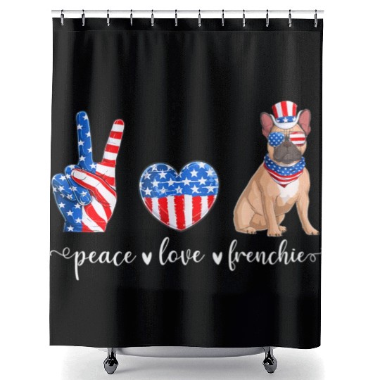 Peace Love Frenchie Patriotic US Flag 4th July Shower Curtains