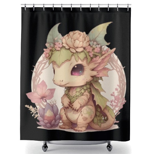 Cottagecore Cute Baby Dragon Kawaii Anime Fantasy Shower Curtains