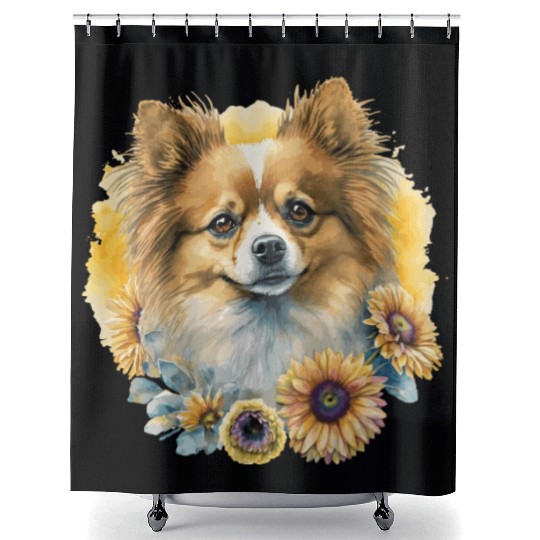 Cute Pomeranian Sunflower Dog Breed Pet Puppy Shower Curtains