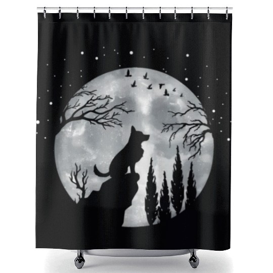 German Shepherd Dog Full Moon At Night German Shower Curtains