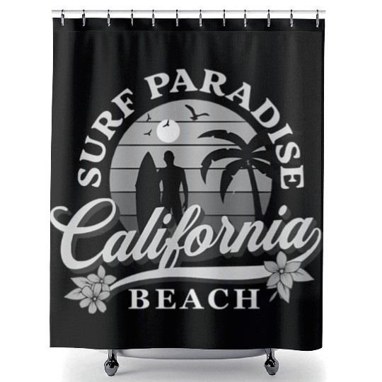 Grey-Scale Surfing Surf Paradise At California Shower Curtains