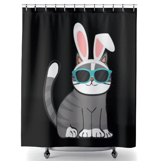 Happy Easter Cat With Bunny Ears And Glasses Cat Shower Curtains