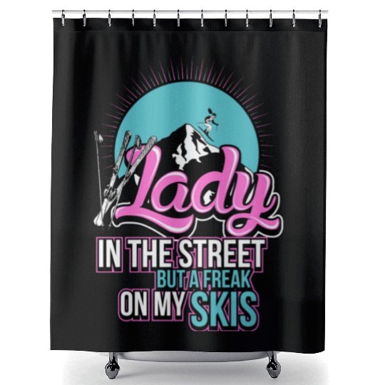 Skiing Lady in the street but a freak on my skis Shower Curtains