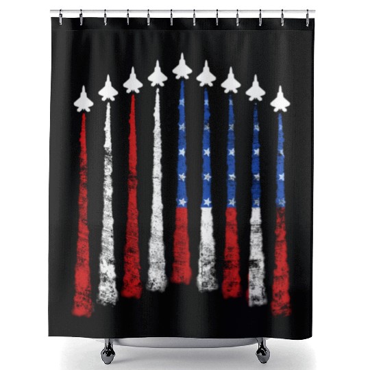 Fighter Air Plane Us Veterans y American Flag Shower Curtains