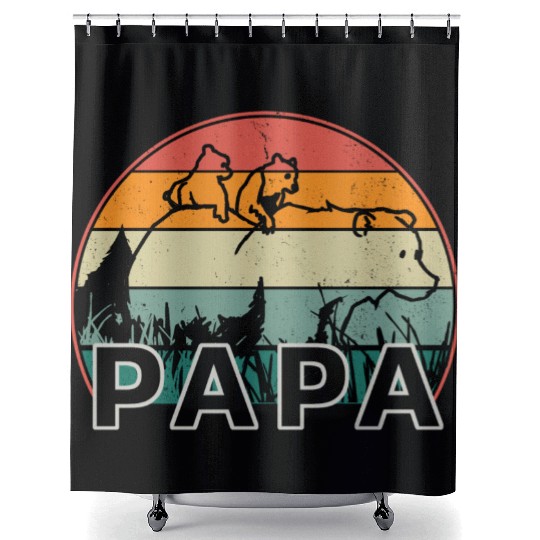 Papa Bear With Cubs Retro Grizzly Bear Forest Tree Shower Curtains