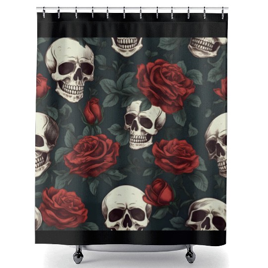 Dark Elegant Gothic Pattern Skulls & Red Roses Shower Curtains