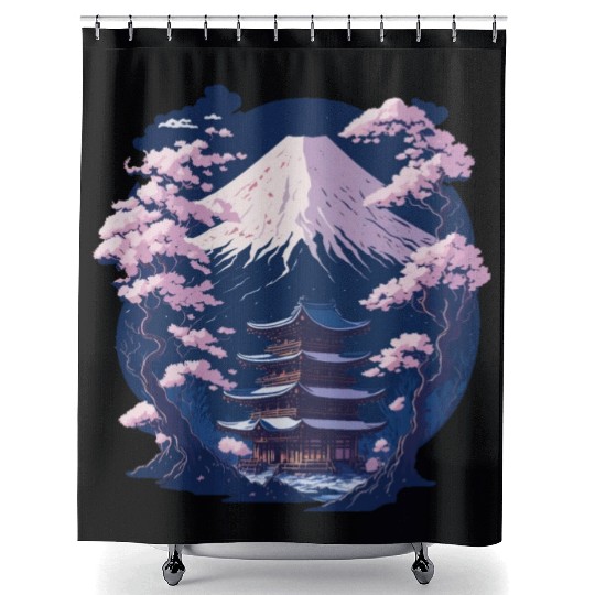 Mount Fuji and a Temple With Cherry Blossoms Shower Curtains