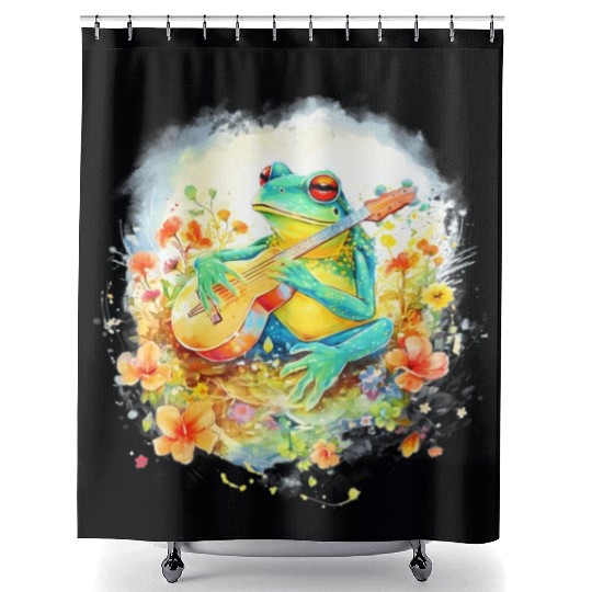 Cottagecore Frog Playing Banjo Guitar Amphibian Shower Curtains