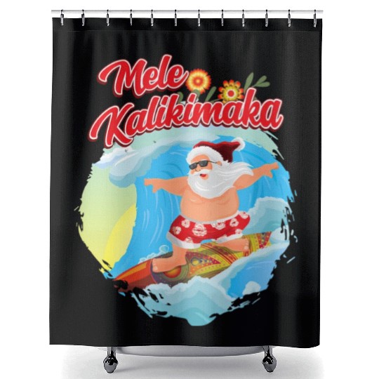 In July Santa Surfing Mele Kalikimaka Shower Curtains