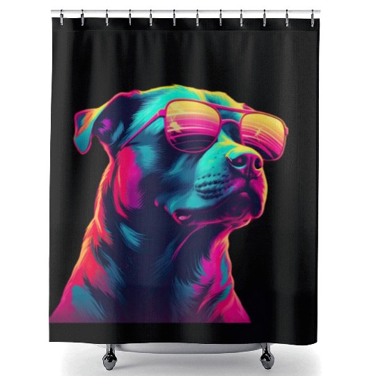 Retro Woof A Dog s Synthwave Adventure Shower Curtains