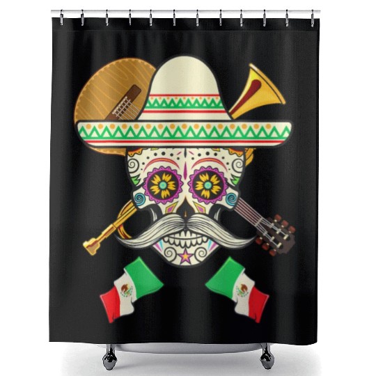 Sugar Skull Guitar & Sombrero Mexican Fiesta Shower Curtains