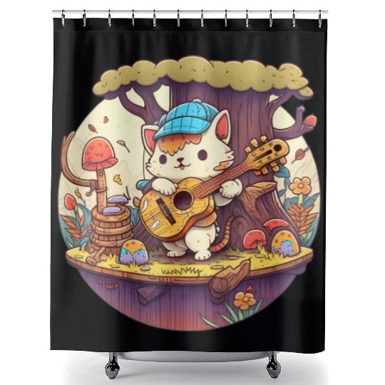 Cute Kawaii Cat Playing Guitar Banjo On Log Shower Curtains