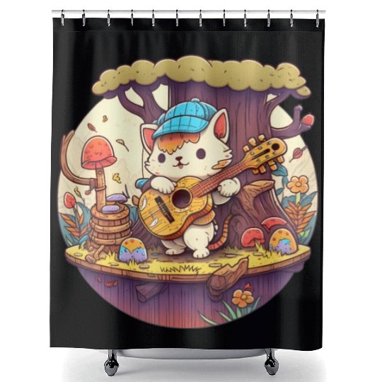Cute Kawaii Cat Playing Guitar Banjo On Log Shower Curtains