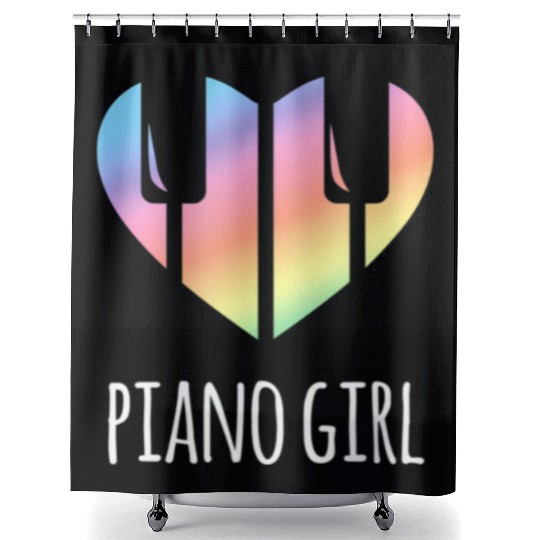 Piano Girl with Rainbow Heart Shower Curtains