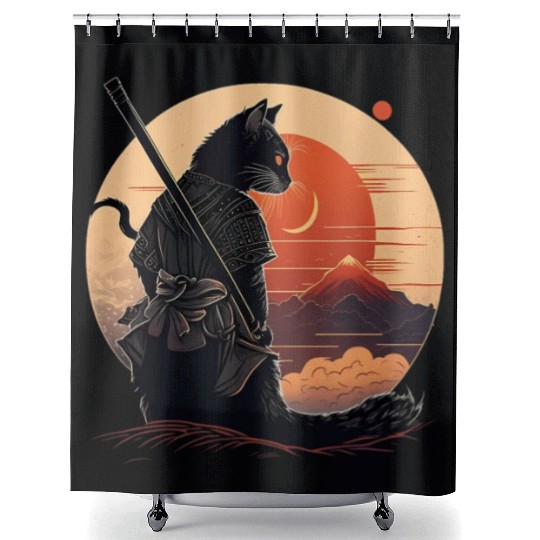 Vintage Japanese Sunset Style And Samurai Cat Kitt Shower Curtains