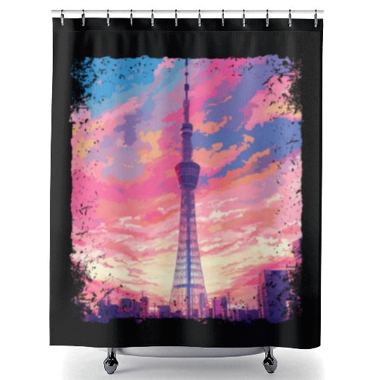 Vaporwave Aesthetic Skytree Tokyo Japanese Sight Shower Curtains