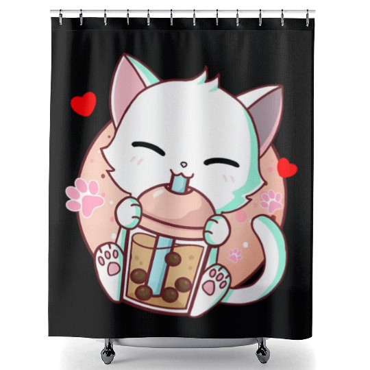 Cat Boba Tea Bubble Tea Kawaii Anime Japanese Shower Curtains