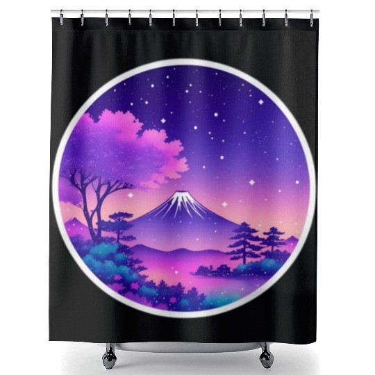 Japan Mount Fuji Night Sky Lo-Fi Art Retro Purple Shower Curtains