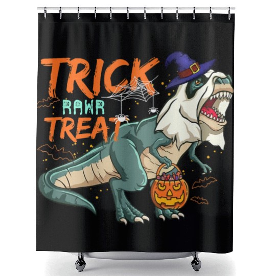 Trick Or Treat Saurus With Pumpkin Halloween Shower Curtains