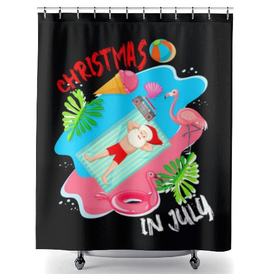 Christmas In July Santa Relaxing On Beach Cute Shower Curtains