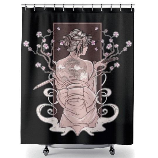 Vintage Japanese Katana Wo Kimono Cherry Blossoms Shower Curtains