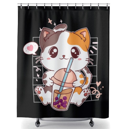 Cat Boba Tea Bubble Tea Kawaii Anime Japanese Shower Curtains