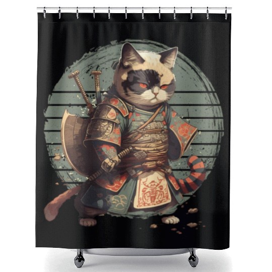 Samurai Cat Warrior Japanese Ninja Cat Kawaii Shower Curtains