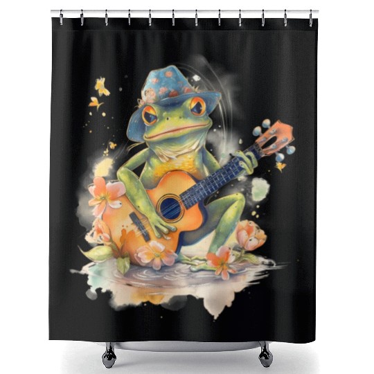 Cottagecore Aesthetic Frog Playing Banjo Guitar Shower Curtains
