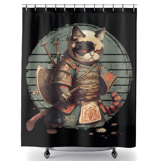 Samurai Cat Warrior Japanese Ninja Cat Kawaii Shower Curtains