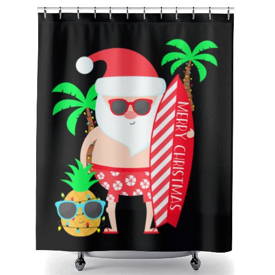 Santa Surfing Hawaiian Beach Christmas In July Shower Curtains