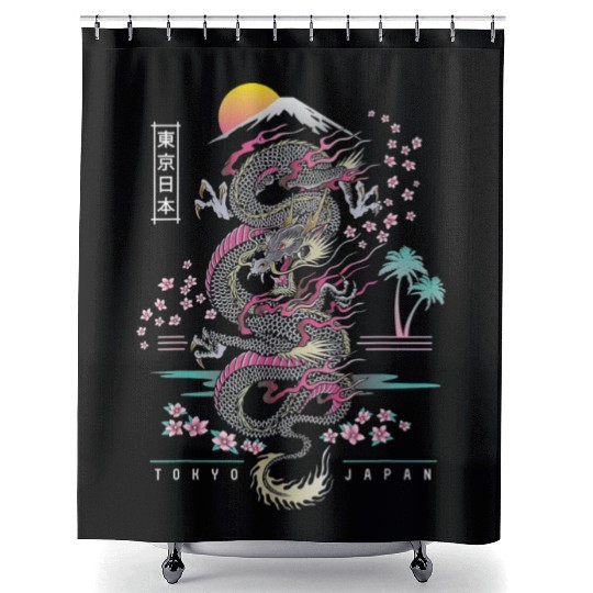Japanese Dragon Asian Neon retro 80s style Shower Curtains