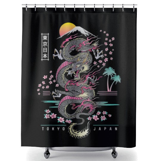 Japanese Dragon Asian Neon retro 80s style Shower Curtains