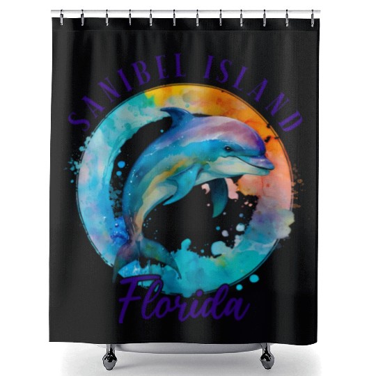 Sanbiel Island Florida Happy Watercolor Dolphin Shower Curtains