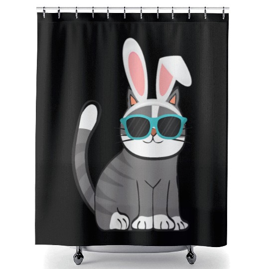 Happy Easter Cat With Bunny Ears And Glasses Shower Curtains