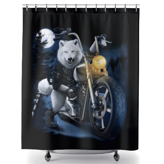 Wolf Riding Chopper Motorcycle In Full Moon Shower Curtains