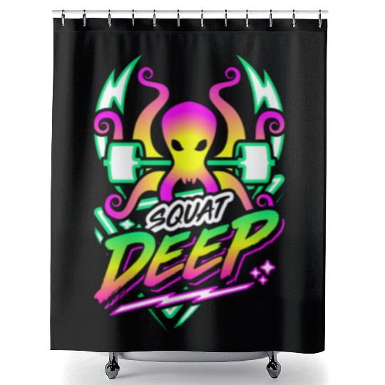Squat Deep Kraken Retro Neon Synthwave 80s 90s Shower Curtains