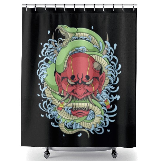 Japanese oni mask with peony flower and greem snak Shower Curtains