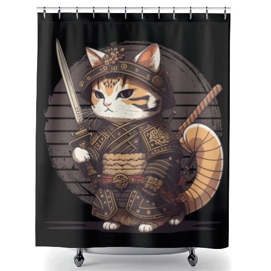 Samurai Cat Warrior Japanese Ninja Cat Kawaii Shower Curtains