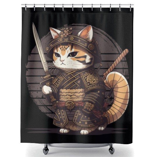 Samurai Cat Warrior Japanese Ninja Cat Kawaii Shower Curtains