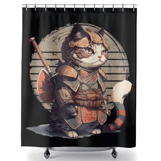 Samurai Cat Warrior Japanese Ninja Cat Kawaii Shower Curtains