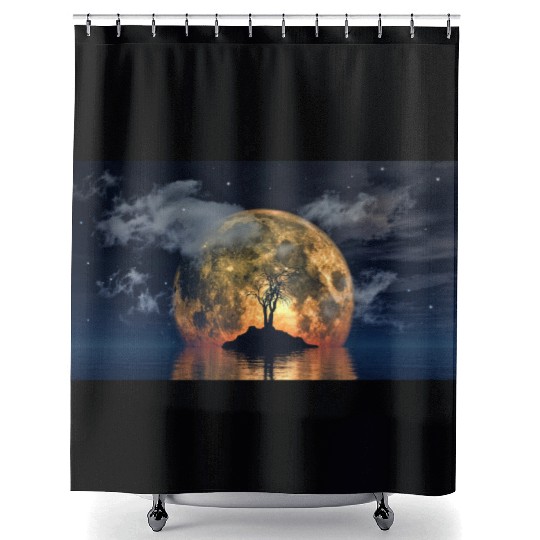 spooky tree against big moon Shower Curtains