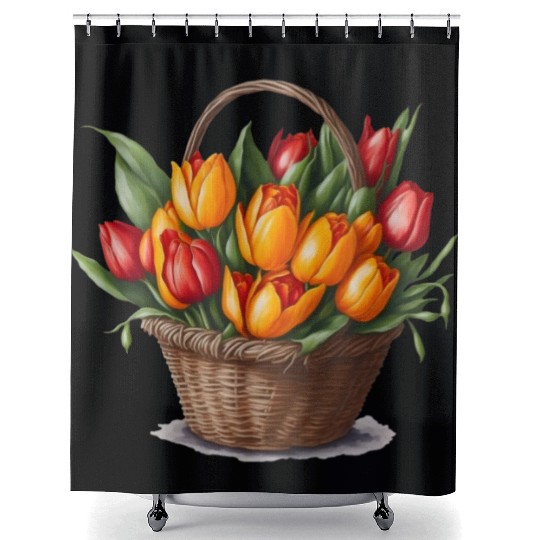 A bouquet of tulips in a basket. Shower Curtains