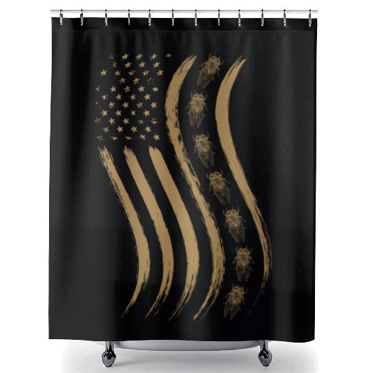 Cicada Line In Waving Distressed Us Flag For Shower Curtains